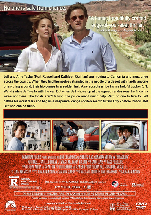 DVD cover of the action movie "Breakdown" starring Kurt Russell and J.T. Walsh, featuring intense scenes and movie title.
