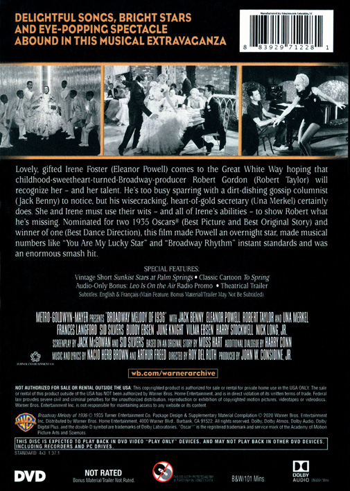 Screenshot from the Broadway Melody of 1936 DVD featuring Robert Taylor and Eleanor Powell in a musical film.