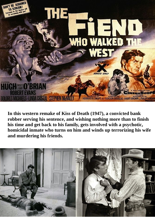 DVD cover of "The Fiend Who Walked the West," a drama movie starring Hugh O'Brian and Robert Evans, from FilmClassicsonDVD.
