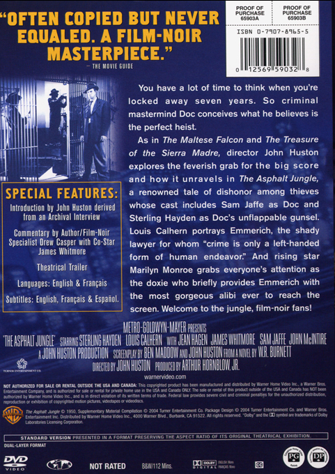 Screenshot from the crime DVD "The Asphalt Jungle" starring Sterling Hayden and Louis Calhern, showing film stills and title.