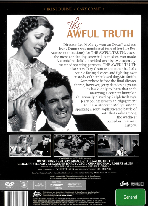 Screenshot from the comedy DVD "The Awful Truth" starring Irene Dunne and Cary Grant, featuring a vintage movie scene.