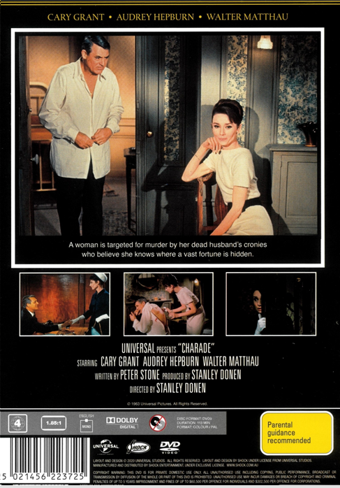 DVD cover of the comedy film "Charade" starring Cary Grant and Audrey Hepburn from FilmClassicsOnDVD.