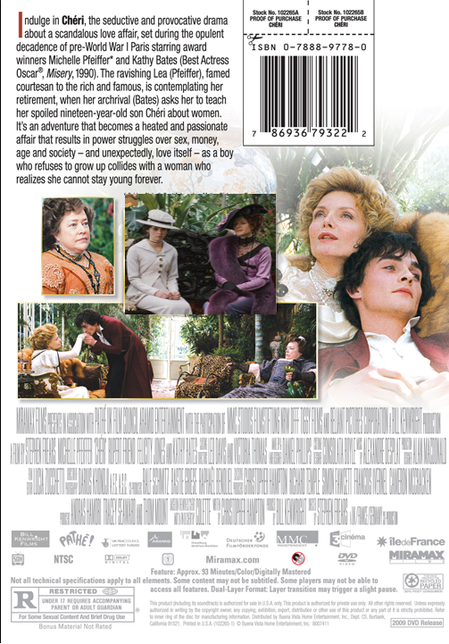 Chéri on DVD, comedy film starring Michelle Pfeiffer and Rupert Friend, featuring a screenshot from the movie.