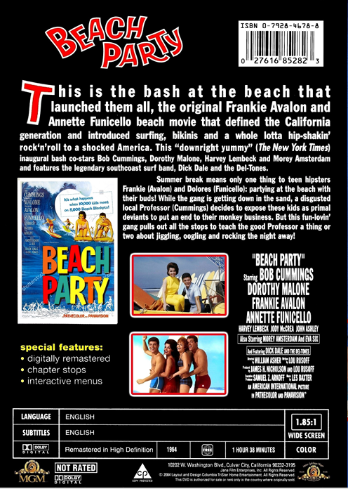 Screenshot from the comedy movie "Beach Party" on DVD featuring Robert Cummings and Dorothy Malone, with film title displayed.