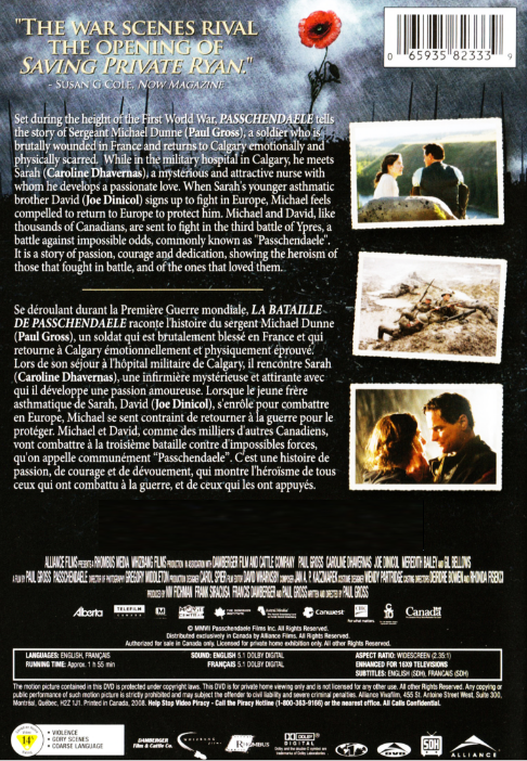 Passchendaele DVD and download cover featuring war film with Paul Gross and Michael Greyeyes, cinematic artwork with soldiers and battlefield scene.