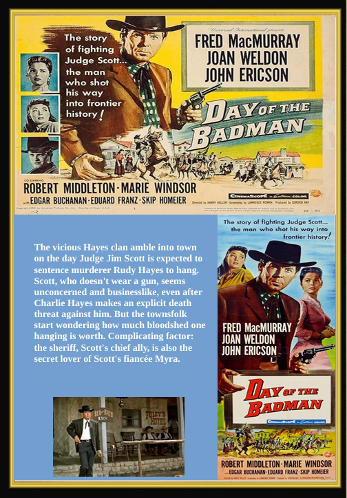 Screenshot from the Western DVD "Day of the Badman" featuring Fred MacMurray and Joan Weldon, showing the movie cover art.