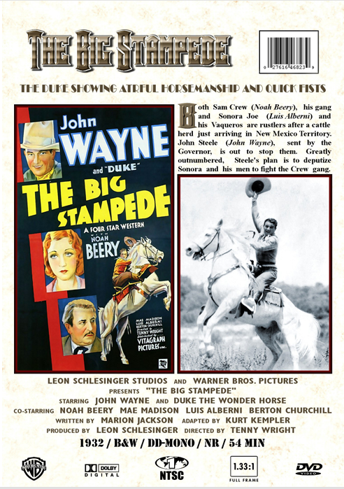 DVD cover of "The Big Stampede" drama featuring John Wayne and Noah Beery, from FilmClassicsOnDVD.