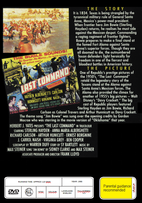 DVD cover of The Last Command featuring Stirling Heydon as Jim Bowie at The Alamo, from Timeless Classic DVD collection.