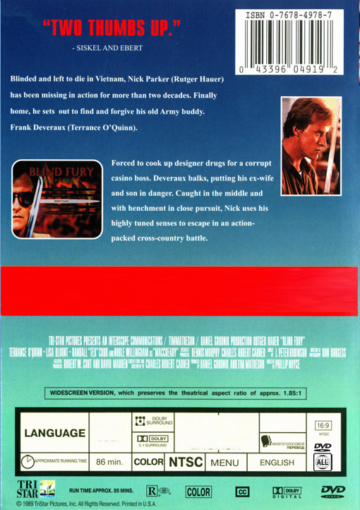 DVD cover of Blind Fury featuring Rutger Hauer in an action movie produced by FilmClassicsOnDVD.