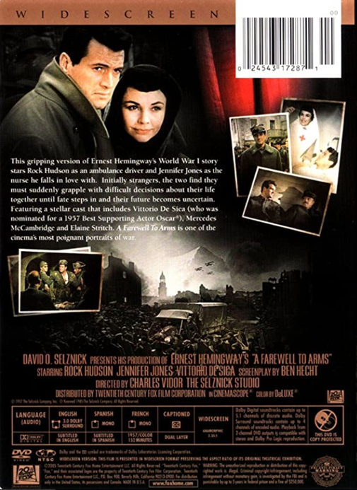 DVD cover of "Farewell to Arms" drama featuring Rock Hudson and Jennifer Jones, from FilmClassicsOnDVD.