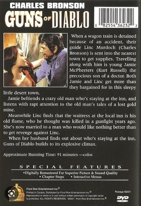 DVD cover of Guns of Diablo drama starring Charles Bronson and Susan Oliver, featuring action scenes and vintage movie artwork.