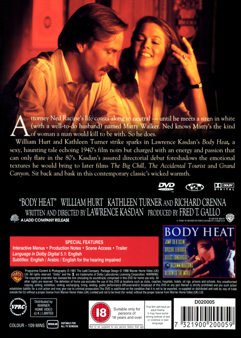 Body Heat on DVD, Drama, William Hurt, Kathleen Turner