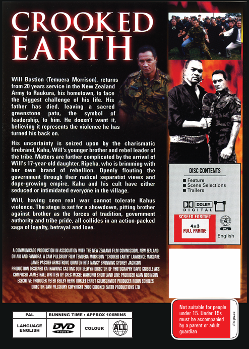 DVD cover of Crooked Earth drama featuring Temuera Morrison and Lawrence Makoare, showcasing the film's artwork and cast.