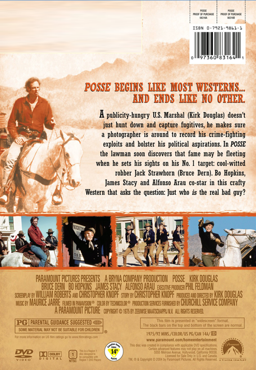 DVD cover of "Posse" drama featuring Kirk Douglas and Bruce Dern, from FilmClassicsOnDVD, showcasing the movie artwork.