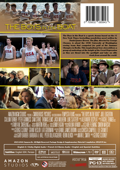 The Boys in the Boat DVD featuring Joel Edgerton and Callum Turner, drama movie from FilmClassicsOnDVD, showing a scene with rowers.