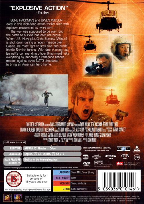 DVD cover of "Behind Enemy Lines" featuring Gene Hackman and Owen Wilson, action movie from FilmClassicsOnDVD.