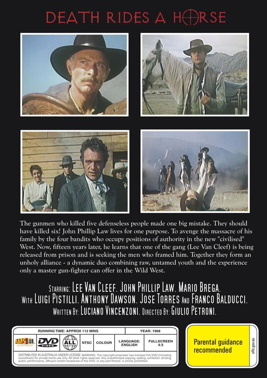 DVD cover of "Death Rides a Horse" movie by Timeless Classic DVD, featuring illustrated artwork and title text.