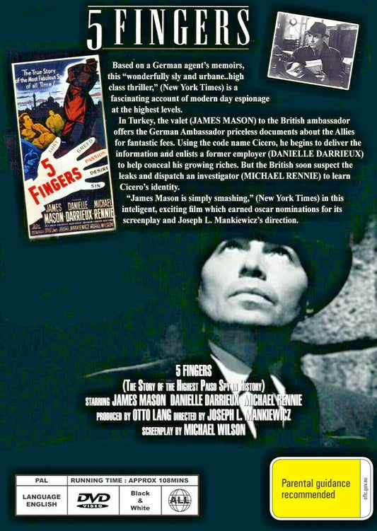 Buy Online 5 Fingers (1952) - DVD - NEW - James Mason, Danielle Darrieux | Best Shop for Old classic and hard to find movies on DVD - Timeless Classic DVD