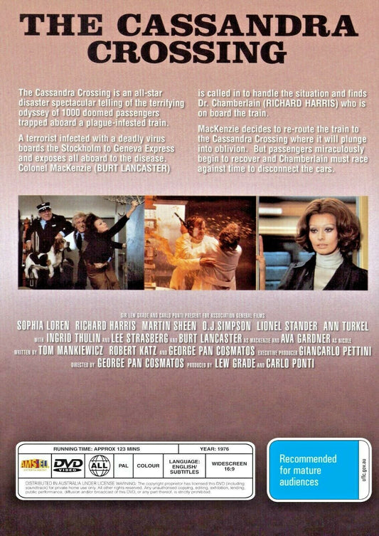 Buy Online The Cassandra Crossing (1976) - DVD - Sophia Loren, Richard Harris, Martin Sheen | Best Shop for Old classic and hard to find movies on DVD - Timeless Classic DVD
