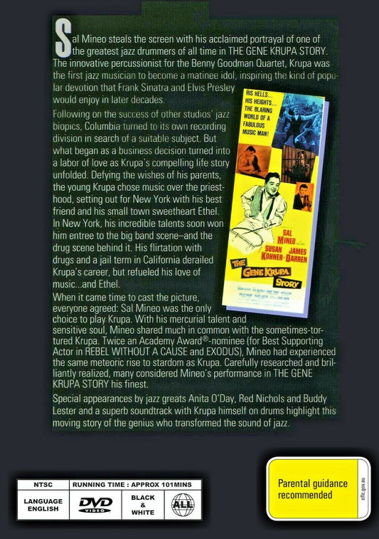 Buy Online The Gene Krupa Story (1959) - DVD - Sal Mineo, Susan Kohner | Best Shop for Old classic and hard to find movies on DVD - Timeless Classic DVD