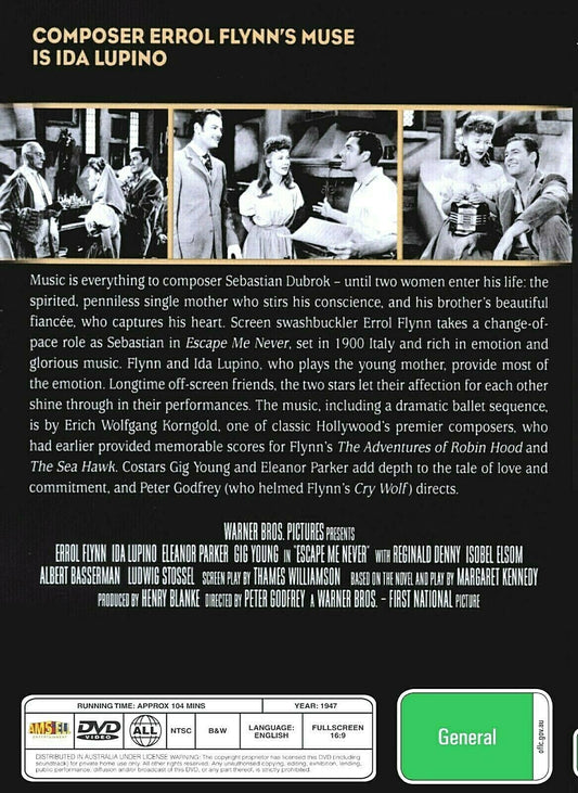 Buy Online Escape Me Never (1947) - DVD  - Errol Flynn, Ida Lupino | Best Shop for Old classic and hard to find movies on DVD - Timeless Classic DVD