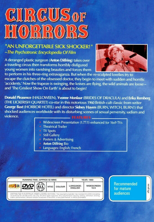 Buy Online Circus of Horrors (1960) - DVD - Anton Diffring, Erika Remberg - HORROR | Best Shop for Old classic and hard to find movies on DVD - Timeless Classic DVD