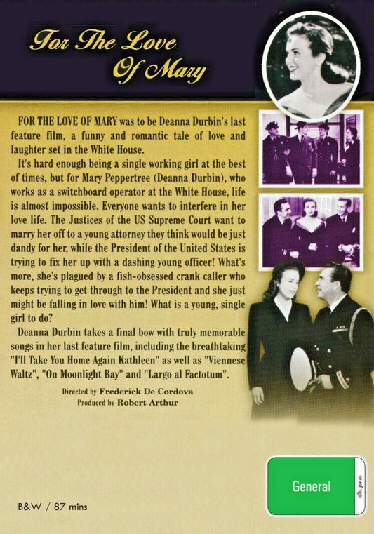 Buy Online For the Love of Mary (1948) - DVD - NEW - Deanna Durbin, Edmond O'Brien | Best Shop for Old classic and hard to find movies on DVD - Timeless Classic DVD