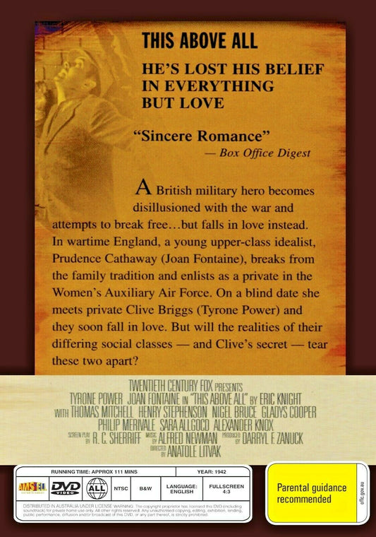 Buy Online This Above All (1942) - DVD  - Tyrone Power, Joan Fontaine | Best Shop for Old classic and hard to find movies on DVD - Timeless Classic DVD