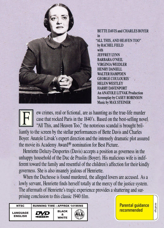 Buy Online All This, and Heaven Too (1940) - DVD - Bette Davis, Charles Boyer | Best Shop for Old classic and hard to find movies on DVD - Timeless Classic DVD