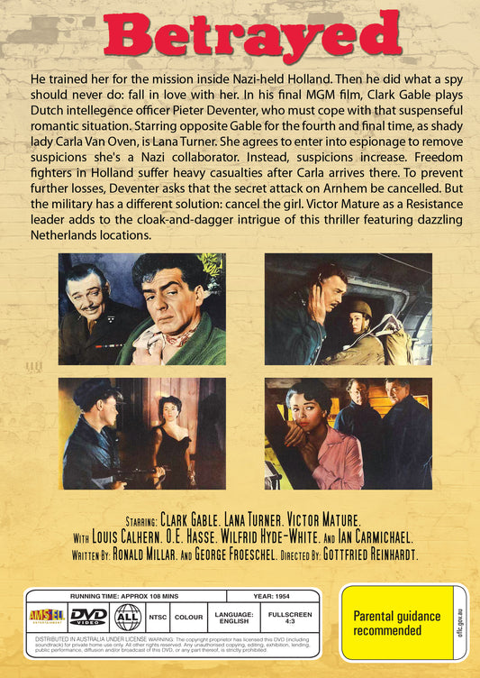 Buy Online Betrayed (1954) - DVD - Clark Gable, Lana Turner | Best Shop for Old classic and hard to find movies on DVD - Timeless Classic DVD