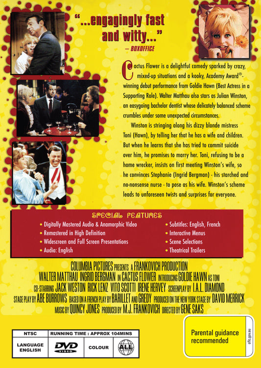 Buy Online Cactus Flower (1969) - DVD - Walter Matthau, Ingrid Bergman, Goldie Hawn | Best Shop for Old classic and hard to find movies on DVD - Timeless Classic DVD