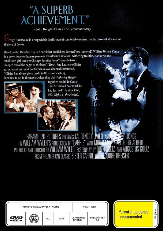 Buy Online Carrie (1952) - DVD - Laurence Olivier, Jennifer Jones | Best Shop for Old classic and hard to find movies on DVD - Timeless Classic DVD