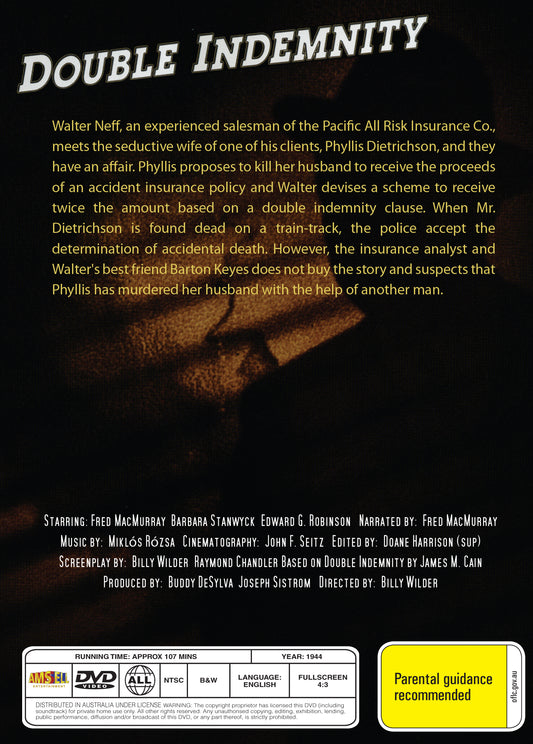 Buy Online Double Indemnity (1944) - DVD - Fred MacMurray, Barbara Stanwyck | Best Shop for Old classic and hard to find movies on DVD - Timeless Classic DVD