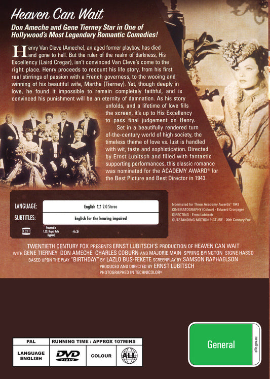 Buy Online Heaven Can Wait (1943) - DVD -Gene Tierney, Don Ameche | Best Shop for Old classic and hard to find movies on DVD - Timeless Classic DVD