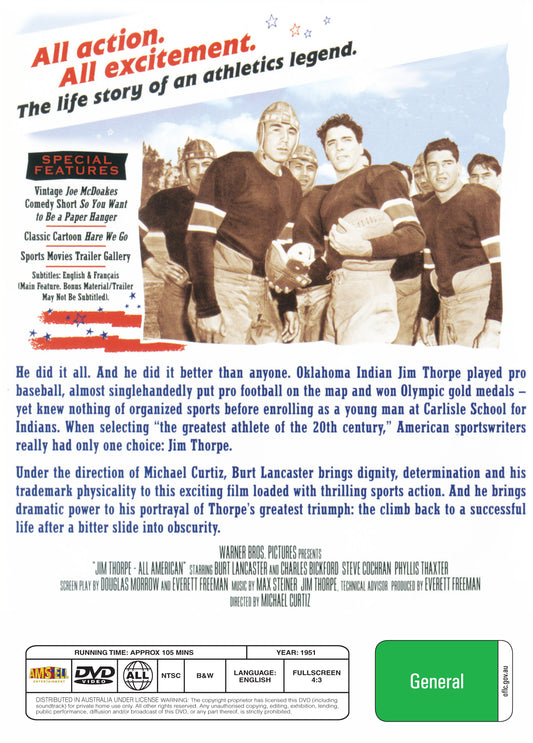 Buy Online Jim Thorpe - All-American (1951) - DVD - Burt Lancaster, Charles Bickford | Best Shop for Old classic and hard to find movies on DVD - Timeless Classic DVD