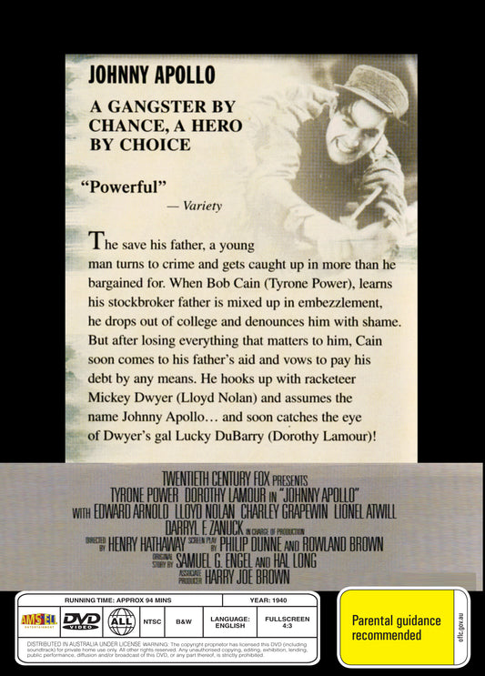 Buy Online Johnny Apollo (1940) - DVD - Tyrone Power, Dorothy Lamour | Best Shop for Old classic and hard to find movies on DVD - Timeless Classic DVD