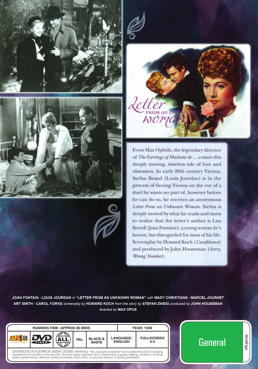 Buy Online Letter from an Unknown Woman (1948) - DVD -  Joan Fontaine, Louis Jourdan | Best Shop for Old classic and hard to find movies on DVD - Timeless Classic DVD
