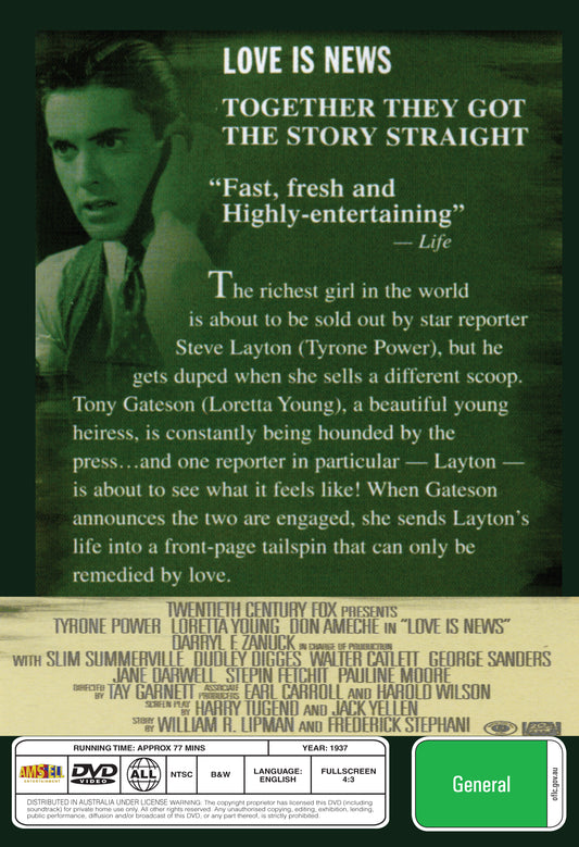 Buy Online Love Is News (1937) - DVD - Tyrone Power, Loretta Young | Best Shop for Old classic and hard to find movies on DVD - Timeless Classic DVD
