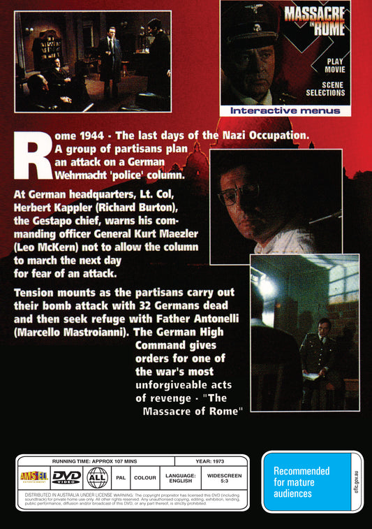 Buy Online Massacre in Rome (1973) - DVD - Richard Burton, Marcello Mastroianni | Best Shop for Old classic and hard to find movies on DVD - Timeless Classic DVD