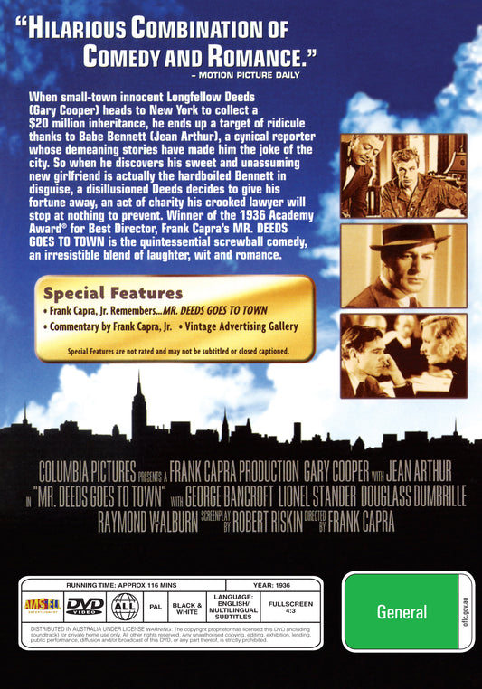 Buy Online Mr. Deeds Goes to Town (1936) - DVD - Gary Cooper, Jean Arthur | Best Shop for Old classic and hard to find movies on DVD - Timeless Classic DVD
