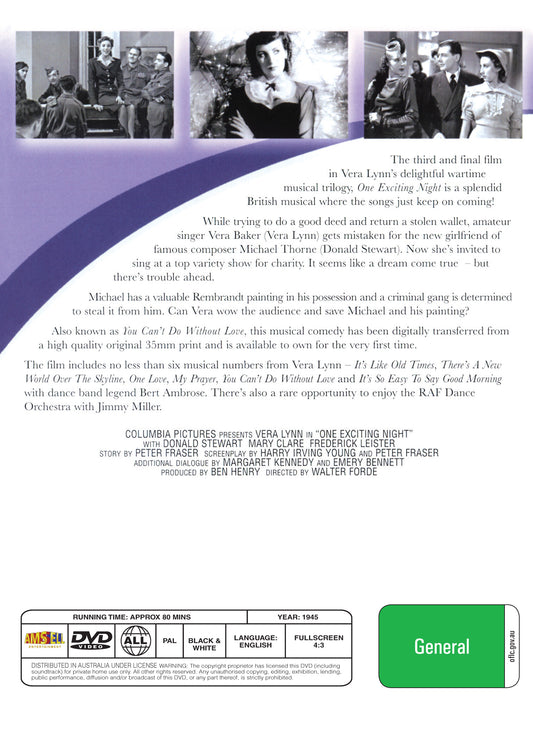 Buy Online One Exciting Night (1944) - DVD - Vera Lynn, Donald Stewart | Best Shop for Old classic and hard to find movies on DVD - Timeless Classic DVD