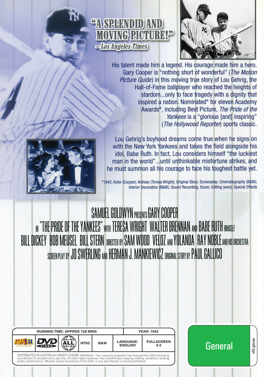 Buy Online The Pride of the Yankees (1942) - DVD - Gary Cooper, Teresa Wright | Best Shop for Old classic and hard to find movies on DVD - Timeless Classic DVD