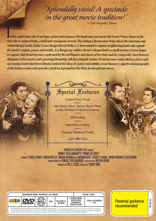 Buy Online Prince of Foxes (1949) - DVD - Tyrone Power, Orson Welles | Best Shop for Old classic and hard to find movies on DVD - Timeless Classic DVD