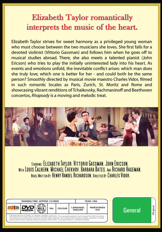 Buy Online Rhapsody (1954) - DVD -  Elizabeth Taylor, Vittorio Gassman | Best Shop for Old classic and hard to find movies on DVD - Timeless Classic DVD