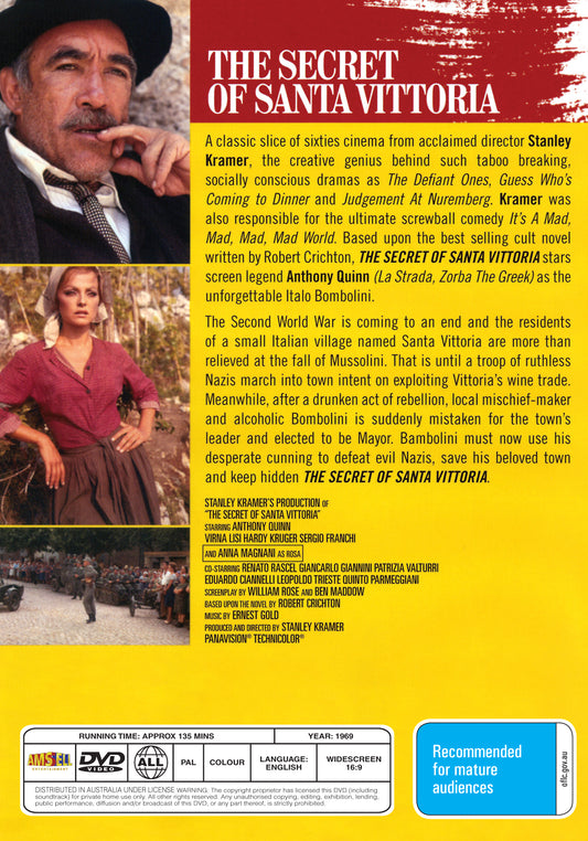 Buy Online The Secret of Santa Vittoria (1969) - DVD - Anthony Quinn, Anna Magnani | Best Shop for Old classic and hard to find movies on DVD - Timeless Classic DVD