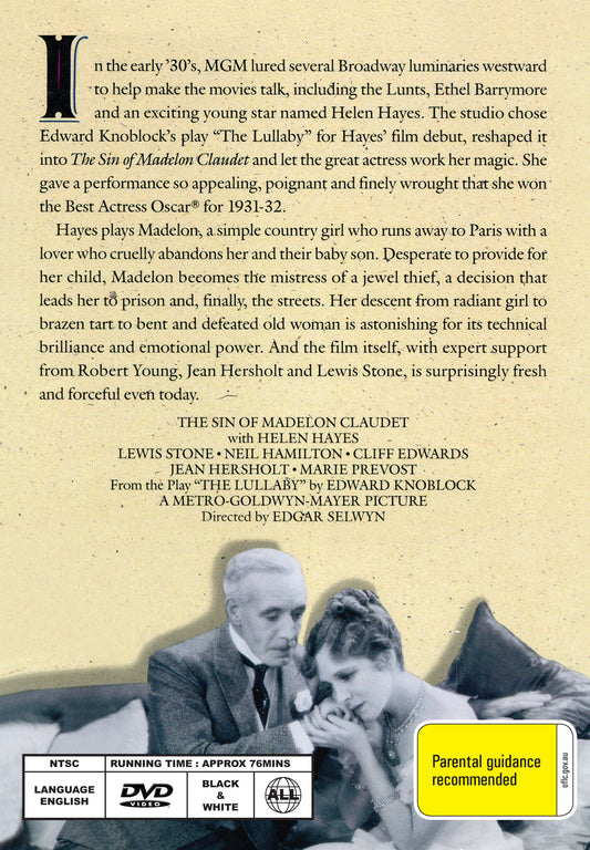 Buy Online The Sin of Madelon Claudet (1931) - DVD - Helen Hayes, Lewis Stone | Best Shop for Old classic and hard to find movies on DVD - Timeless Classic DVD