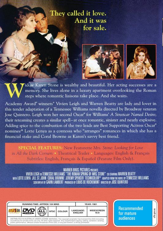 Buy Online The Roman Spring of Mrs. Stone (1961) - DVD - Vivien Leigh, Warren Beatty | Best Shop for Old classic and hard to find movies on DVD - Timeless Classic DVD