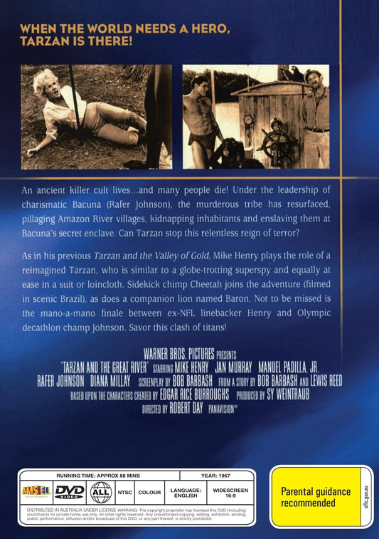 DVD cover of Tarzan and the Great River movie, featuring Tarzan in jungle adventure scene, from rareandcollectibledvds.