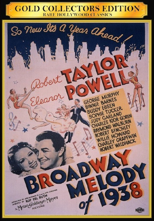 Screenshot from the Broadway Melody of 1938 DVD featuring Robert Taylor and Eleanor Powell in a musical film scene.