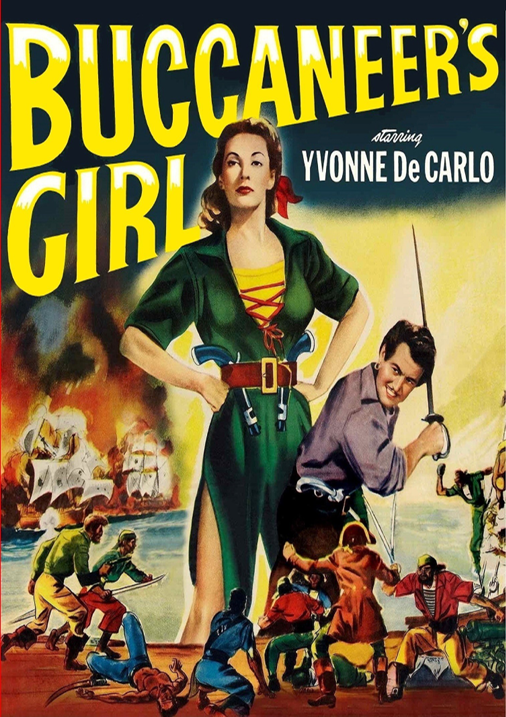 Screenshot from the Buccaneer's Girl DVD featuring Yvonne De Carlo in an action scene from the 1950s film.